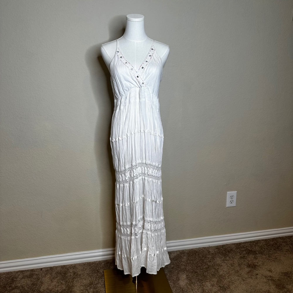 VTG Y2K Magic White Cotton Crochet Lace Sequin Tiered Maxi Dress Boho Cottage L